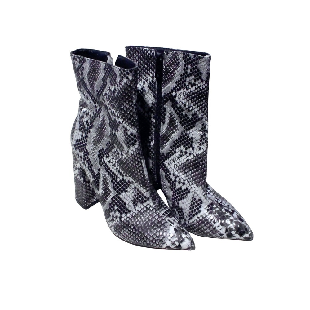 PrettyLittleThing Grey Snakeskin Print Block Heel Ankle Boots Pointed Toe Zip Up
